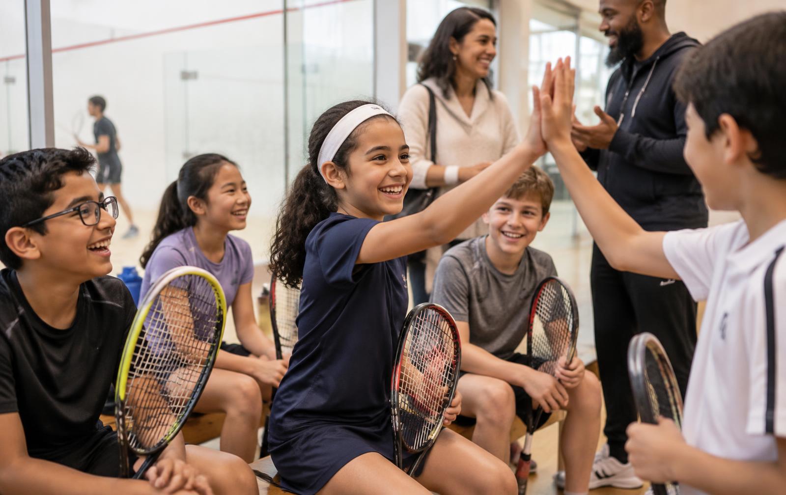 Children of different backgrounds laughing and high-fiving together at a squash club, with a parent and coach nearby